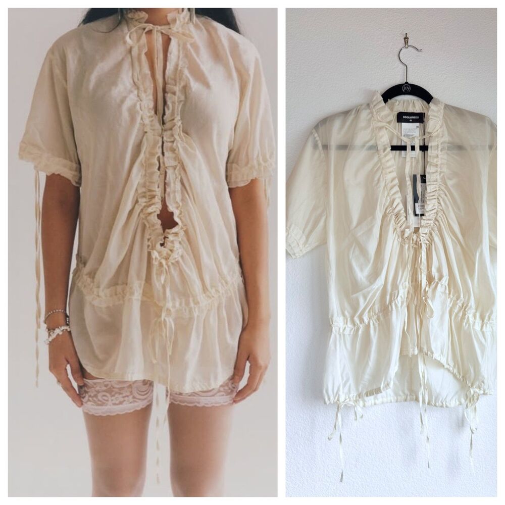 NEW DSQUARED2 Ruched Ruffle Trim Deep V-Neck Blouse in Panna Cream Size 40 (US4)